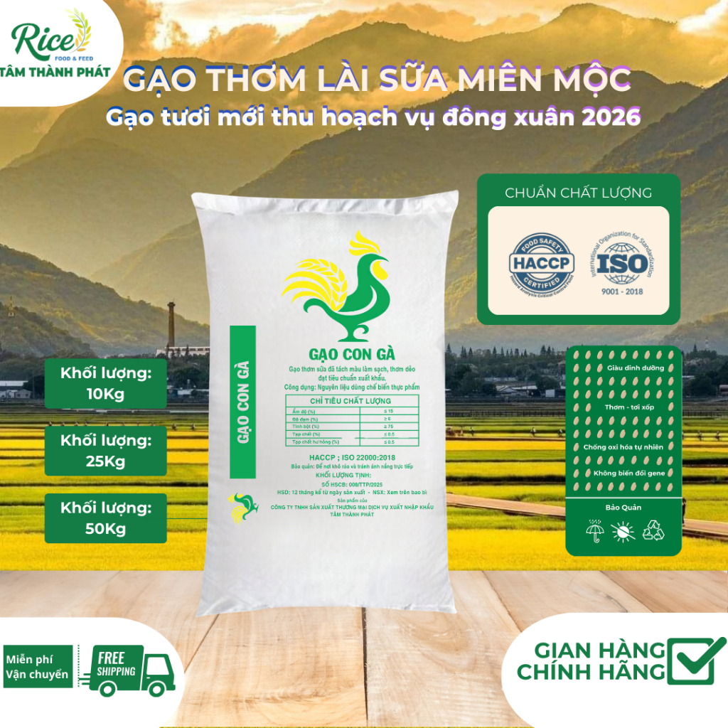 10KG GẠO THƠM HƯƠNG LÀI SỮA MIÊN MỘC HIỆU CON GÀ