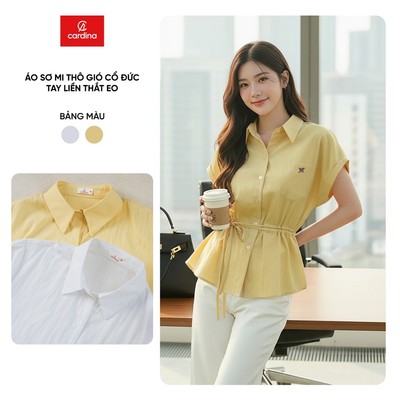 Áo sơ mi nữ CARDINA chất thô gió cổ đức tay liền thắt eo lệch 6ASC10