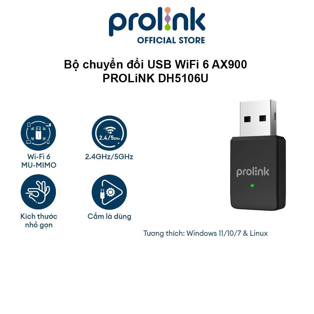Bộ Thu WiFi 6 AX900 Prolink DH-5106U – USB WiFi AX Dual Band 2.4GHz/5GHz, Tốc Độ 900Mbps, BH 2 Năm