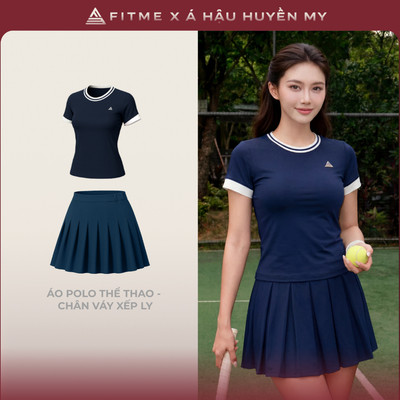 Bộ đồ Pickleball, cầu lông, tennis nữ Fitme GR áo thun thoáng khí , chân váy xếp ly Navy kèm quần bảo hộ