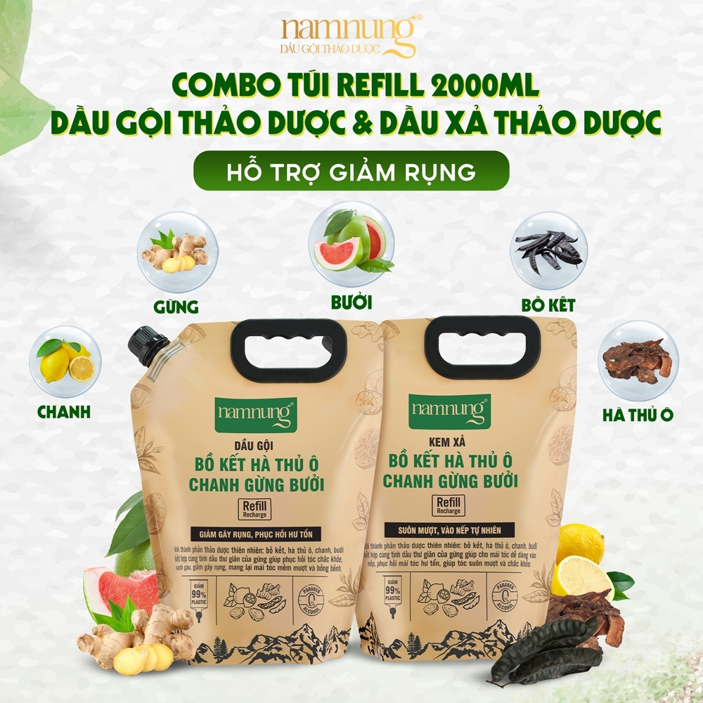 Combo Túi Refill Gội Xả Thảo Dược Bồ Kết NAMNUNG Giảm Gàu Rụng Giúp Tóc Khỏe 2 Lít Bảo Vệ Môi Trường | BigBuy360 - bigbuy360.vn