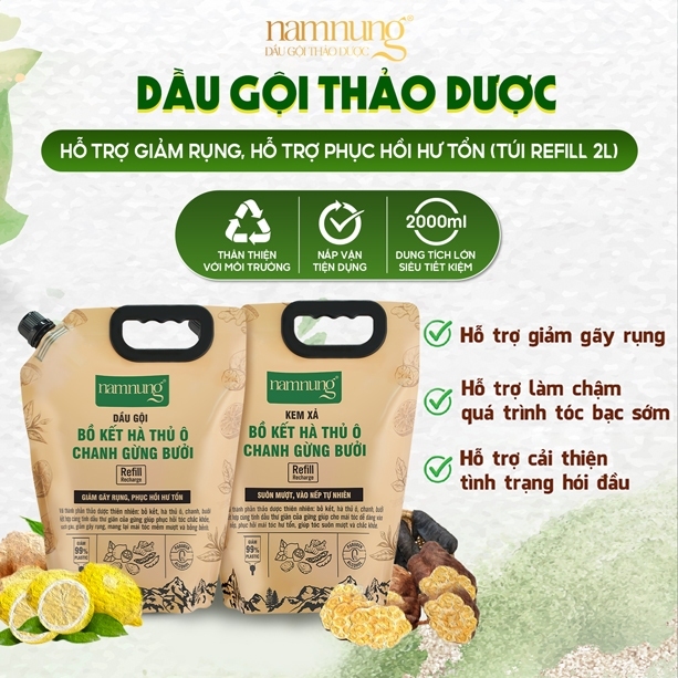 Combo Túi Refill Gội Xả Thảo Dược Bồ Kết NAMNUNG Giảm Gàu Rụng Giúp Tóc Khỏe 2 Lít Bảo Vệ Môi Trường | BigBuy360 - bigbuy360.vn
