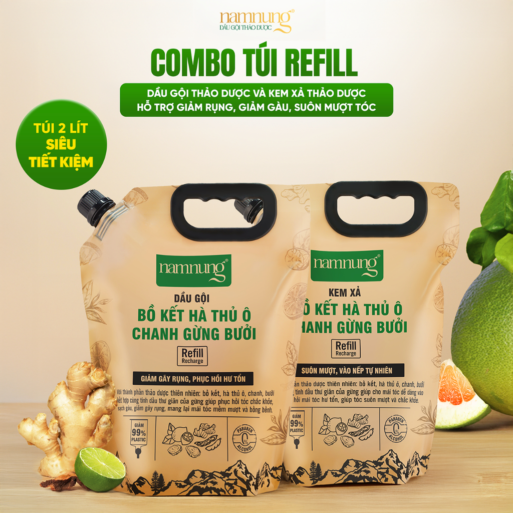 Combo Túi Refill Gội Xả Thảo Dược Bồ Kết NAMNUNG Giảm Gàu Rụng Giúp Tóc Khỏe 2 Lít Bảo Vệ Môi Trường | BigBuy360 - bigbuy360.vn