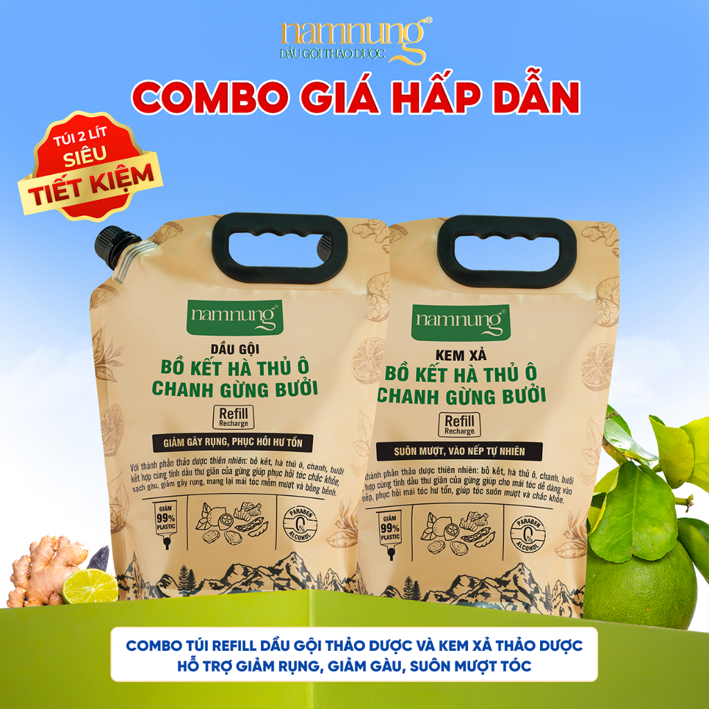 Combo Túi Refill Gội Xả Thảo Dược Bồ Kết NAMNUNG Giảm Gàu Rụng Giúp Tóc Khỏe 2 Lít Bảo Vệ Môi Trường | BigBuy360 - bigbuy360.vn