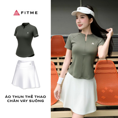 Bộ đồ tập tennis pickleball nữ Fitme SOFT áo thun xanh rêu tôn dáng, chân váy thoáng khí kèm quần bảo hộ
