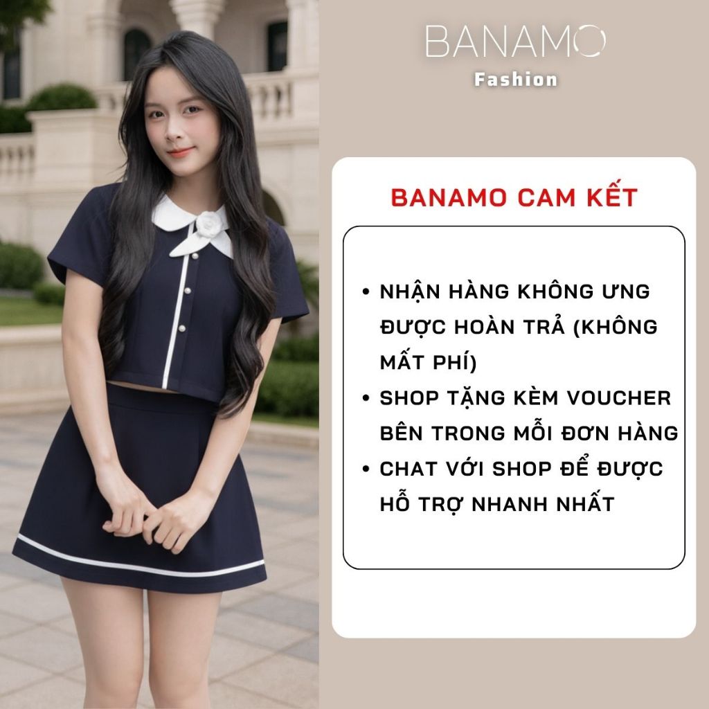 Set đồ nữ BIGSIZE Banamo áo thiết kế cổ sen phối hoa dáng croptop cộc tay kèm chân váy chữ A dáng xòe tiểu thư 1000 | BigBuy360 - bigbuy360.vn