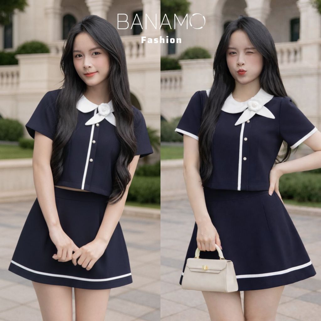 Set đồ nữ BIGSIZE Banamo áo thiết kế cổ sen phối hoa dáng croptop cộc tay kèm chân váy chữ A dáng xòe tiểu thư 1000 | BigBuy360 - bigbuy360.vn
