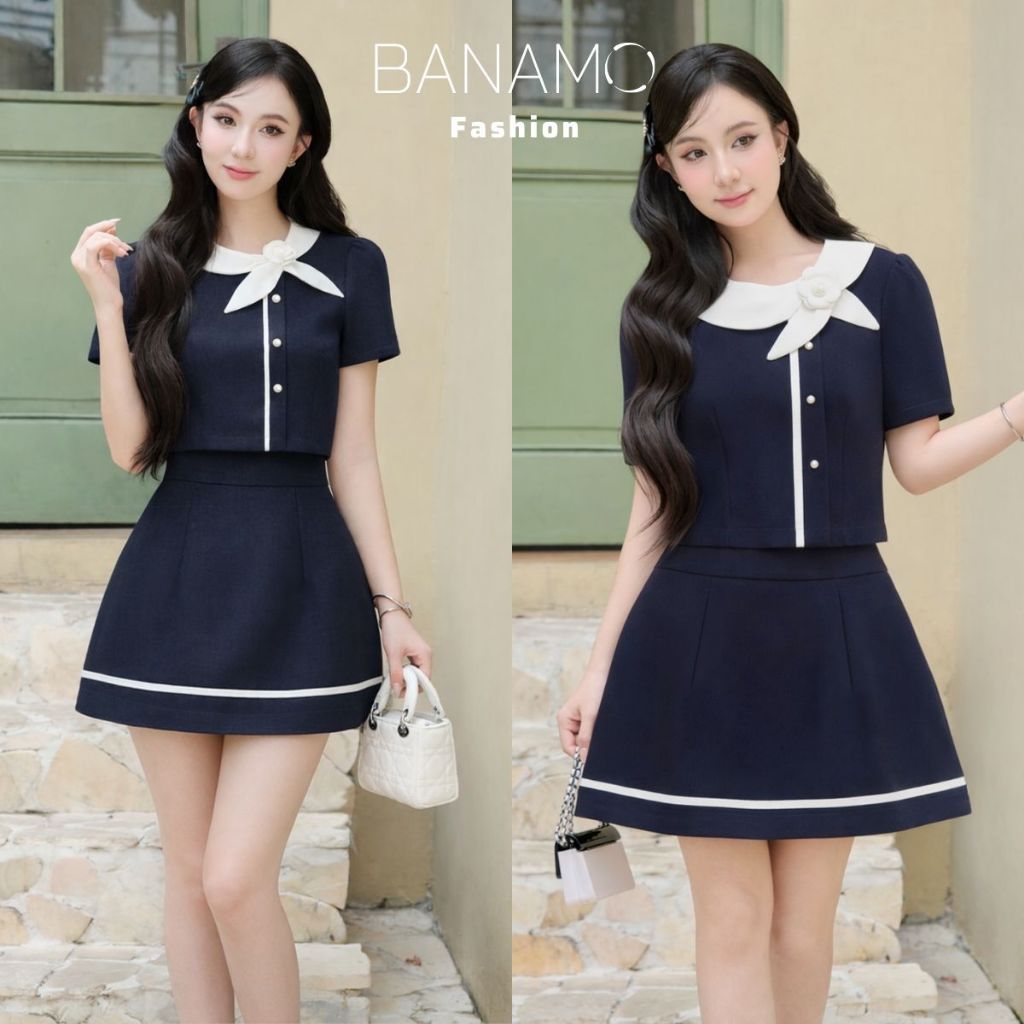 Set đồ nữ BIGSIZE Banamo áo thiết kế cổ sen phối hoa dáng croptop cộc tay kèm chân váy chữ A dáng xòe tiểu thư 1000 | BigBuy360 - bigbuy360.vn
