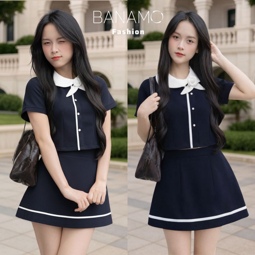 Set đồ nữ BIGSIZE Banamo áo thiết kế cổ sen phối hoa dáng croptop cộc tay kèm chân váy chữ A dáng xòe tiểu thư 1000 | BigBuy360 - bigbuy360.vn