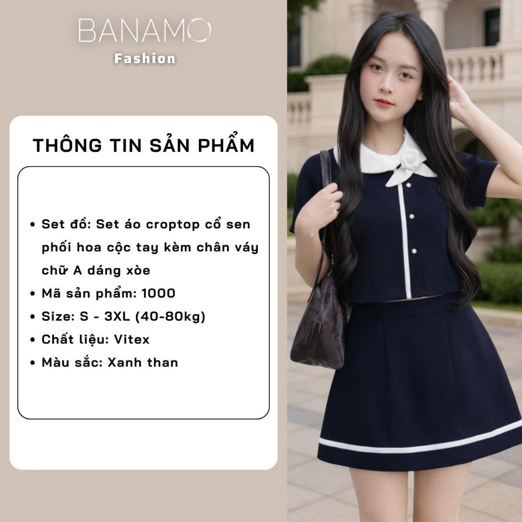Set đồ nữ BIGSIZE Banamo áo thiết kế cổ sen phối hoa dáng croptop cộc tay kèm chân váy chữ A dáng xòe tiểu thư 1000 | BigBuy360 - bigbuy360.vn