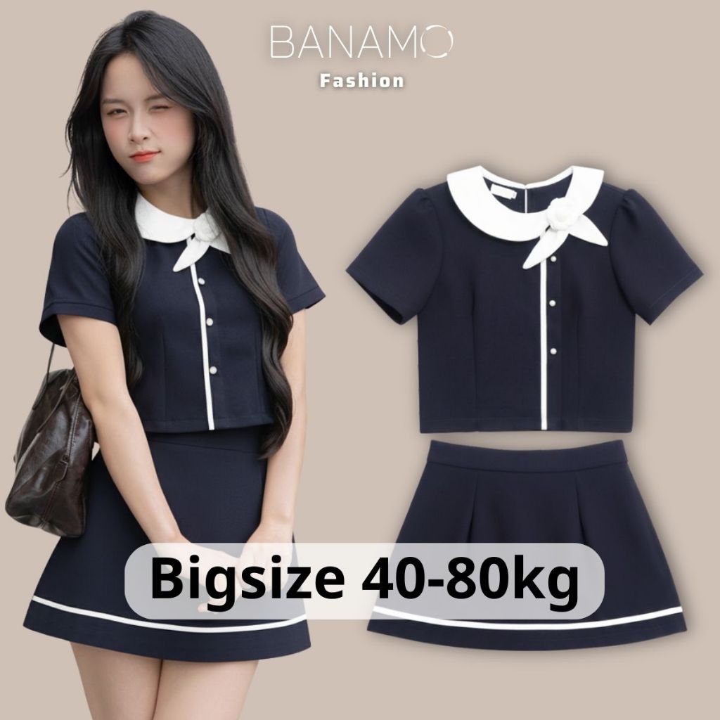 Set đồ nữ BIGSIZE Banamo áo thiết kế cổ sen phối hoa dáng croptop cộc tay kèm chân váy chữ A dáng xòe tiểu thư 1000 | BigBuy360 - bigbuy360.vn