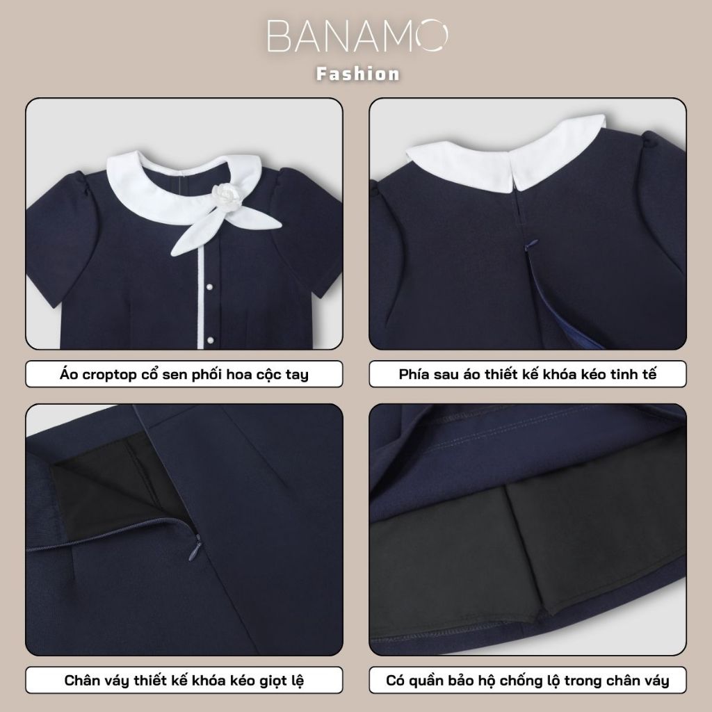 Set đồ nữ BIGSIZE Banamo áo thiết kế cổ sen phối hoa dáng croptop cộc tay kèm chân váy chữ A dáng xòe tiểu thư 1000 | BigBuy360 - bigbuy360.vn