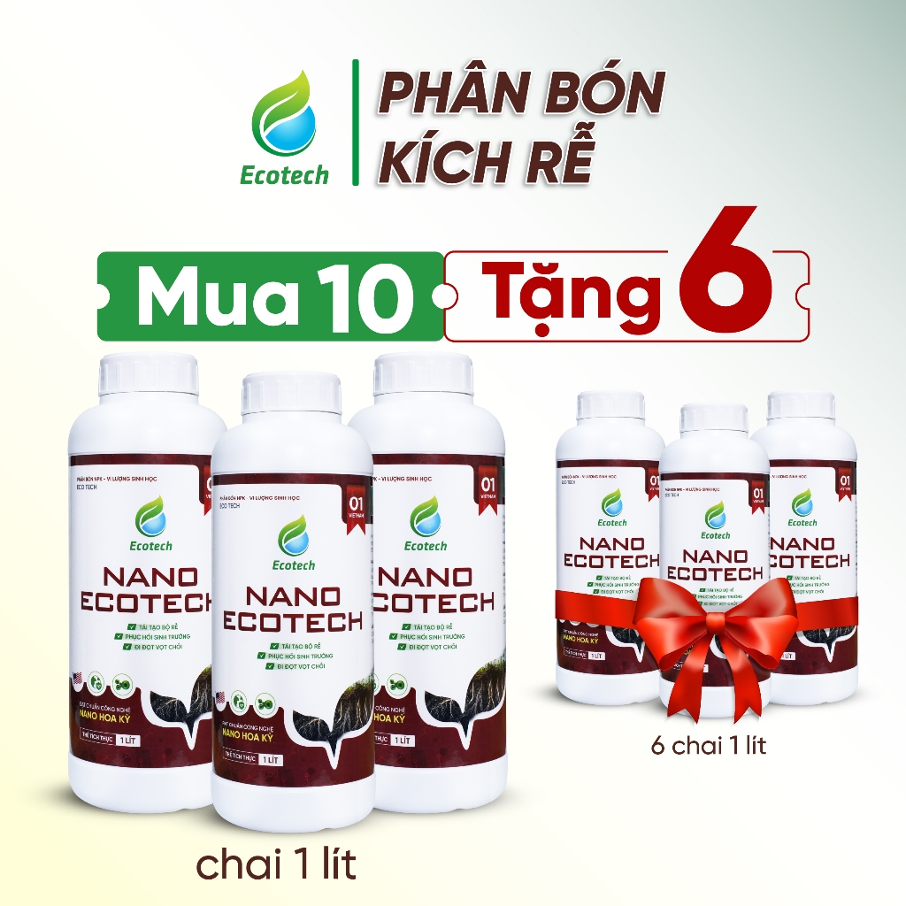 [Mua 10 Tặng 6 Cùng Loại] Phân Bón NPK NANO ECOTECH Chai 1 Lít - Kích Rễ Mạnh, Bung Đọt Nhanh, Xanh 