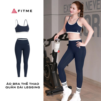 Bộ đồ tập gym pilates yoga nữ Fitme GLOW áo bra, quần dài navy tôn dáng thoáng khí thấm hút mồ hôi