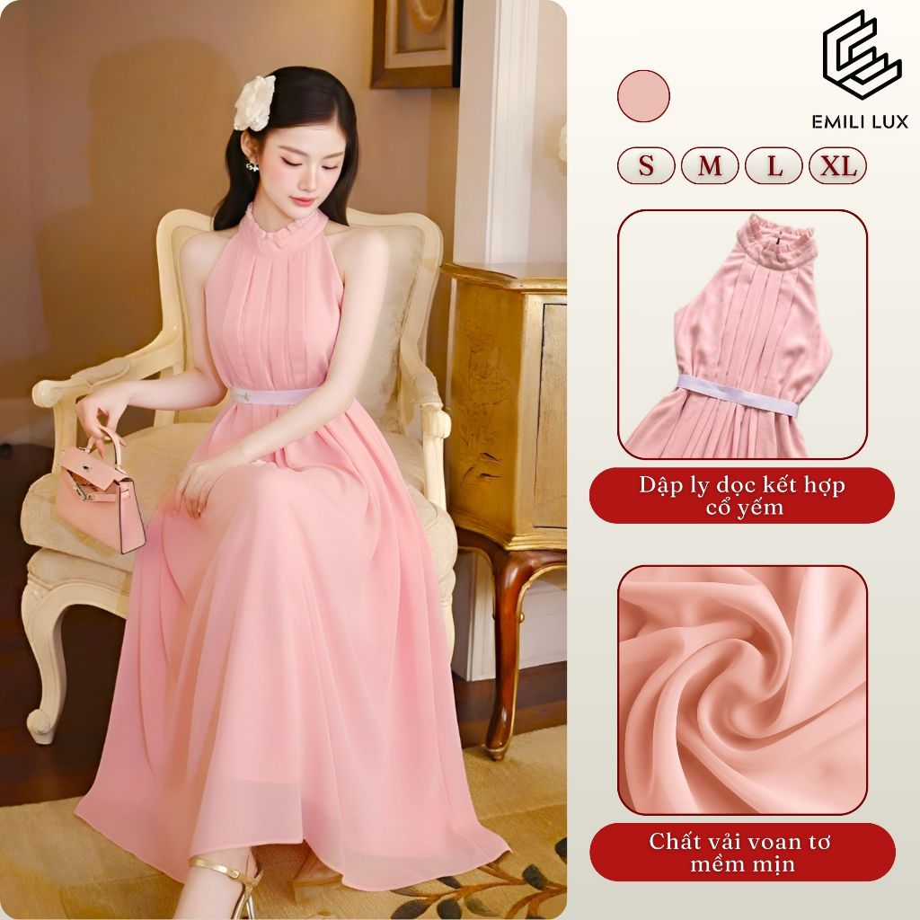Đầm sát nách cổ yếm thắt eo tôn dáng Emili Design váy maxi tơ hồng pastel đi tiệc, hẹn hò V558