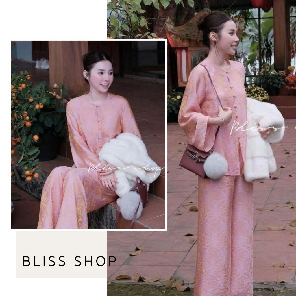 [Thiết Kế Cao Cấp] Set Áo Cổ Tròn Phối Quần Lụa Dáng Suông Ánh Kim Thanh Lịch Bliss Shop - S388