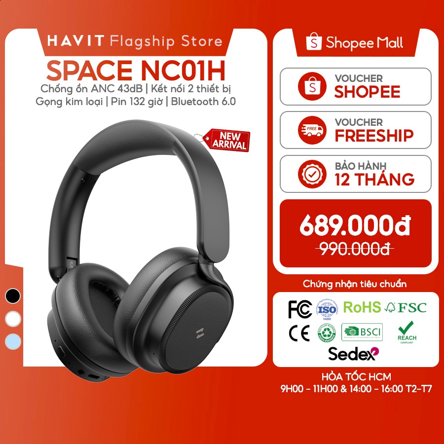 Tai nghe Bluetooth Headphone Havit Space NC01H Pin 132 tiếng | ANC 43dB | Kết Nối 2 Thiết Bị | BT 6.0 | BigBuy360 - bigbuy360.vn