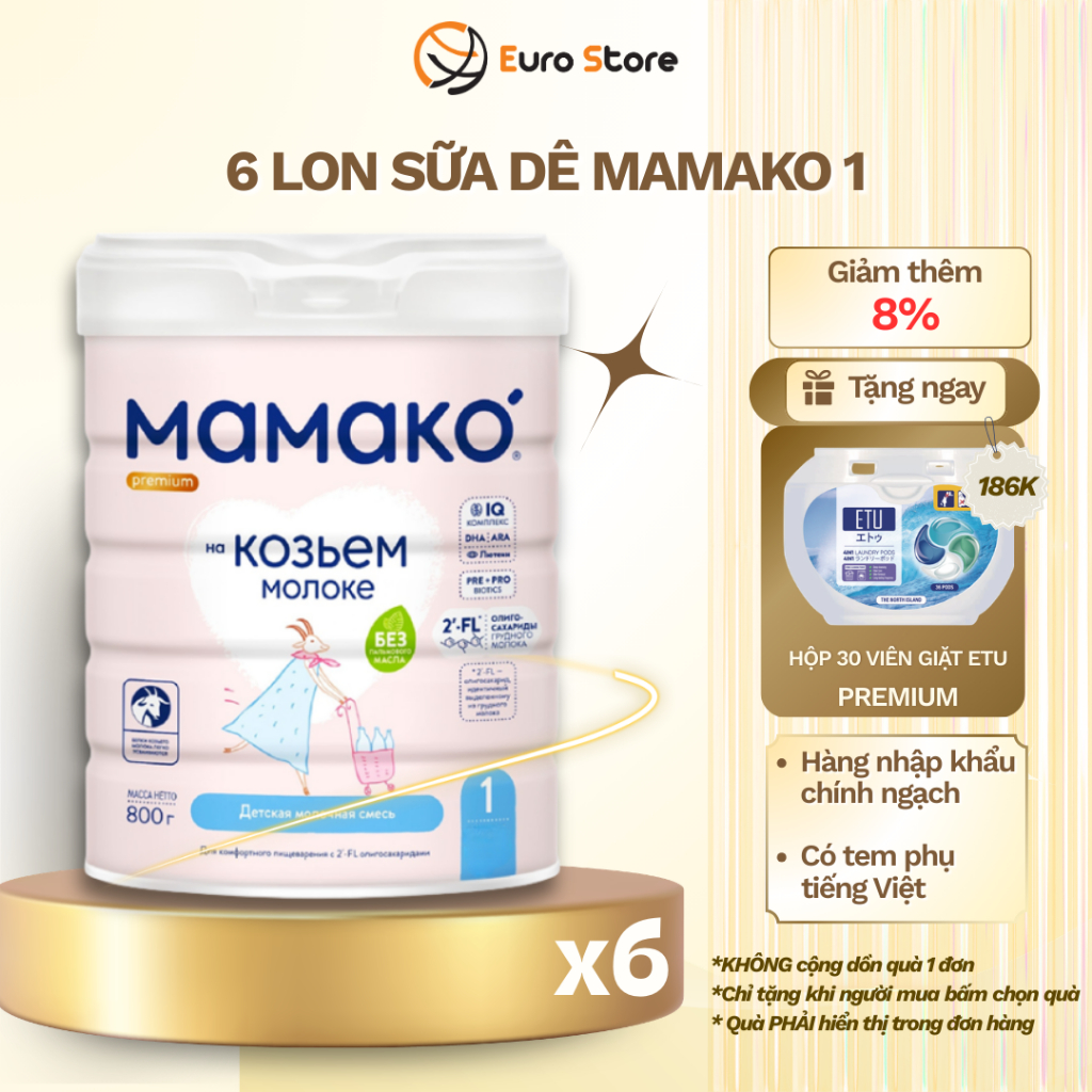 [Thùng 6 Lon] Sữa Dê Công Thức MAMAKO Premium Euro Store Số 1 - 800g tăng cường miễn dịch