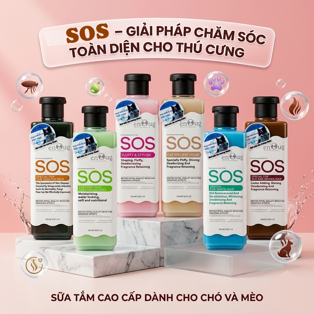 Sữa tắm SOS cho chó mèo , Sữa tắm cho chó enoug SOS diệt ve rận dưỡng mượt lông 530ml cho thú cưng