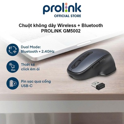 Chuột Không Dây Bluetooth + Wireless PROLiNK GM5002 – Silent Click, Pin Sạc USB-C, Dành Cho Laptop, PC