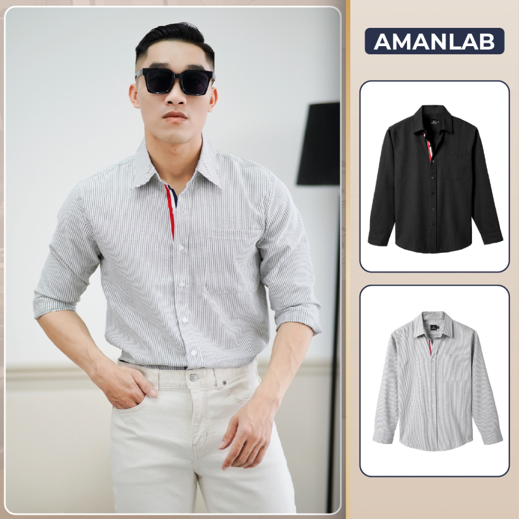 Áo sơ mi dài tay, sơ nam dài tay, phối viền, vải cotton oxford, form regular LONG STRIPES AMANLAB