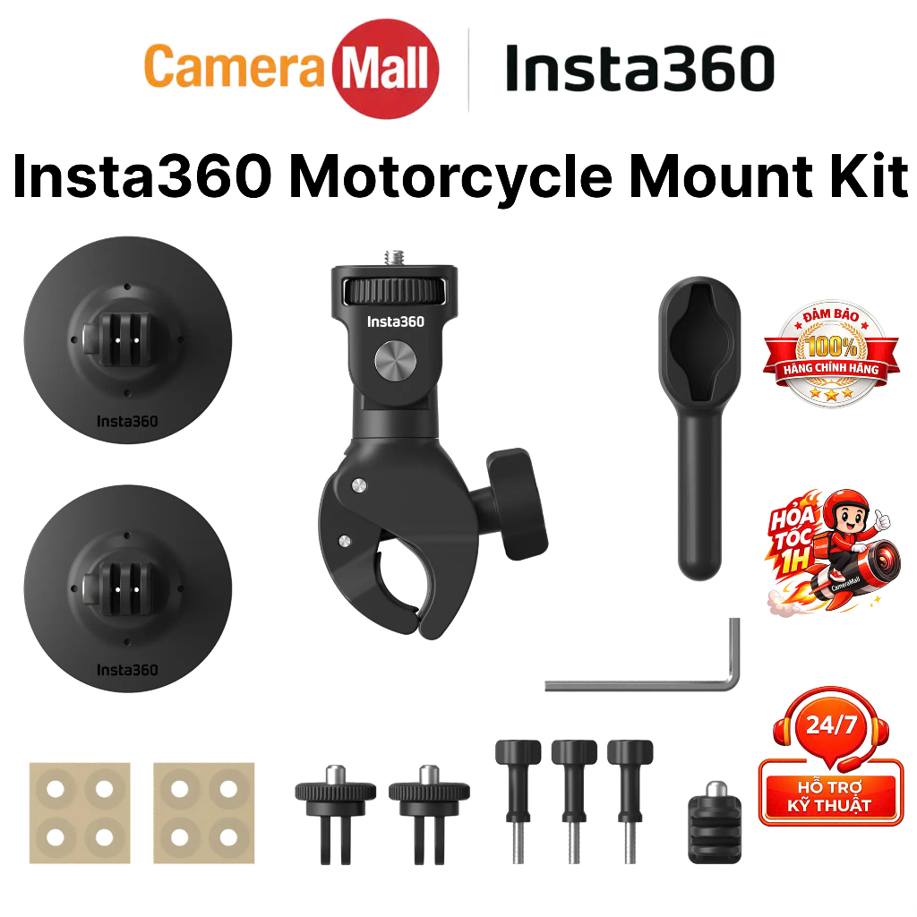 Insta360 Motorcycle Mount Kit – Bộ giá đỡ xe máy kẹp cứng + 2 đế dán 3M, tương thích Insta360 và Act