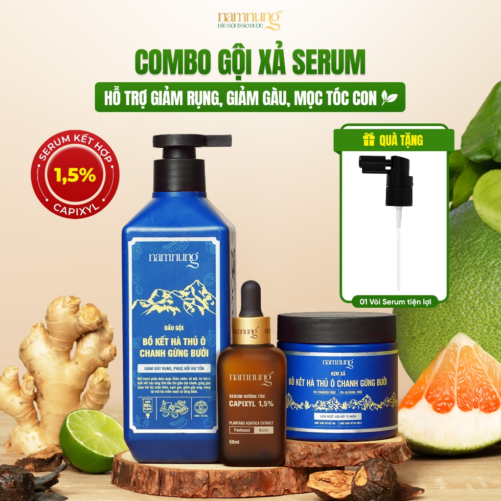 Combo Hỗ Trợ Mọc Tóc Con Gội Xả Serum Thảo Dược NAMNUNG Giảm Gàu Rụng Phục Hồi Hư Tổn