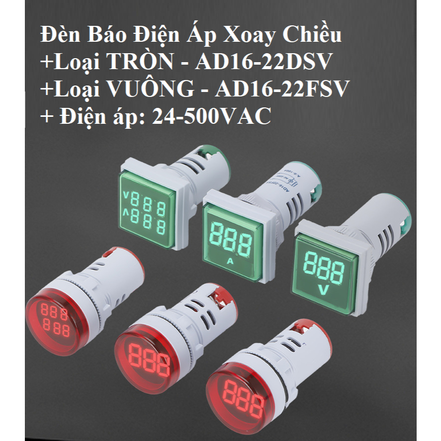Đèn Báo Điện Áp Xoay Chiều loại mặt TRÒN/VUÔNG AD16-22DSV/AD16-22FSV ( hàng tốt -loại 1)