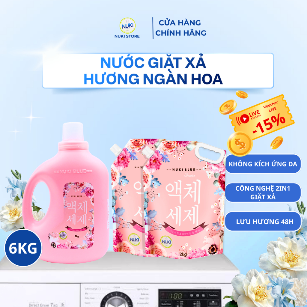 Combo 2 Túi 1 Can Nước Giặt Xả Hương Ngàn Hoa Nuki Blue 6kg Lưu Hương Đậm Sâu