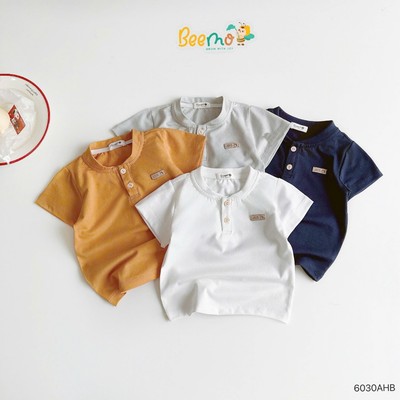 Áo cộc tay Beemo cổ bomber phối tag da vải thun co giãn cho bé đi học, đi chơi 6030AHB