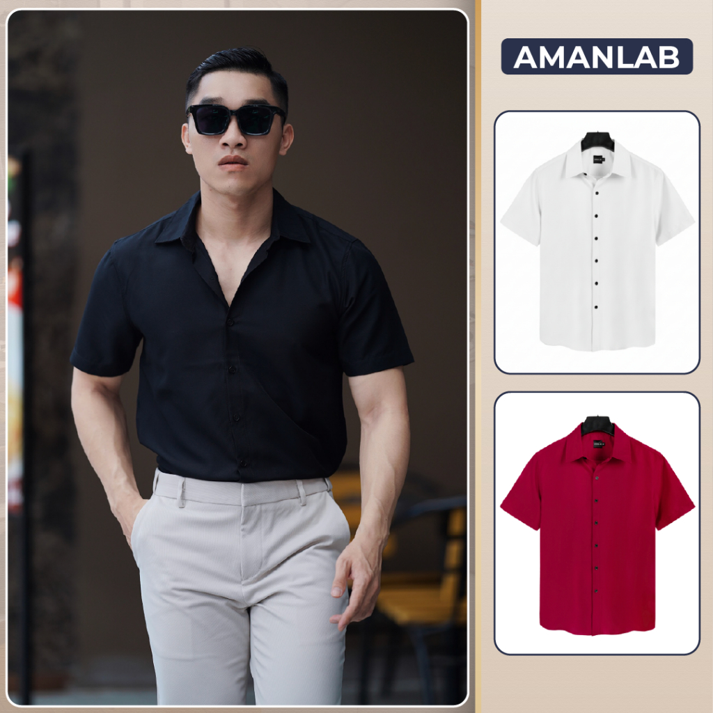 Áo sơ mi tay ngắn, chất vải Lụa thoáng mát, không nhăn, form regular màu BASIC AMANLAB