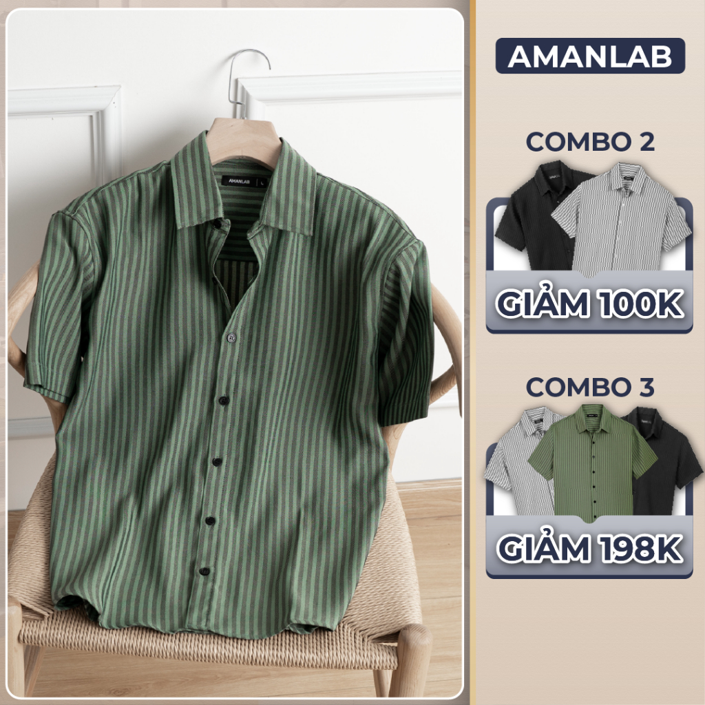 Áo sơ mi ngắn tay, kiểu sọc dọc, vải cotton chống nhăn, form regular VYN AMANLAB