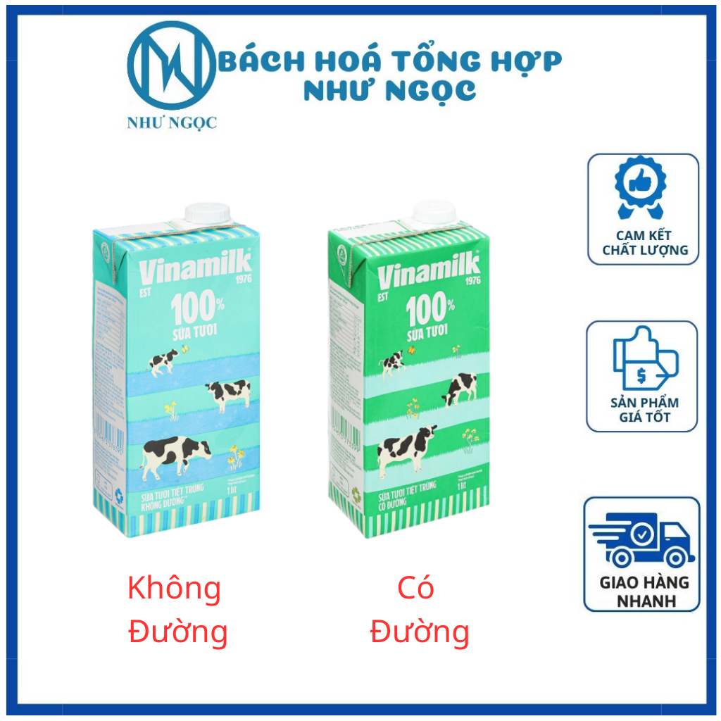 Sữa Tươi Tiệt Trùng  Vinamilk 100% Có Đường/ Không Đường Bao Bì Hình Đàn Bò Hộp 1 Lít