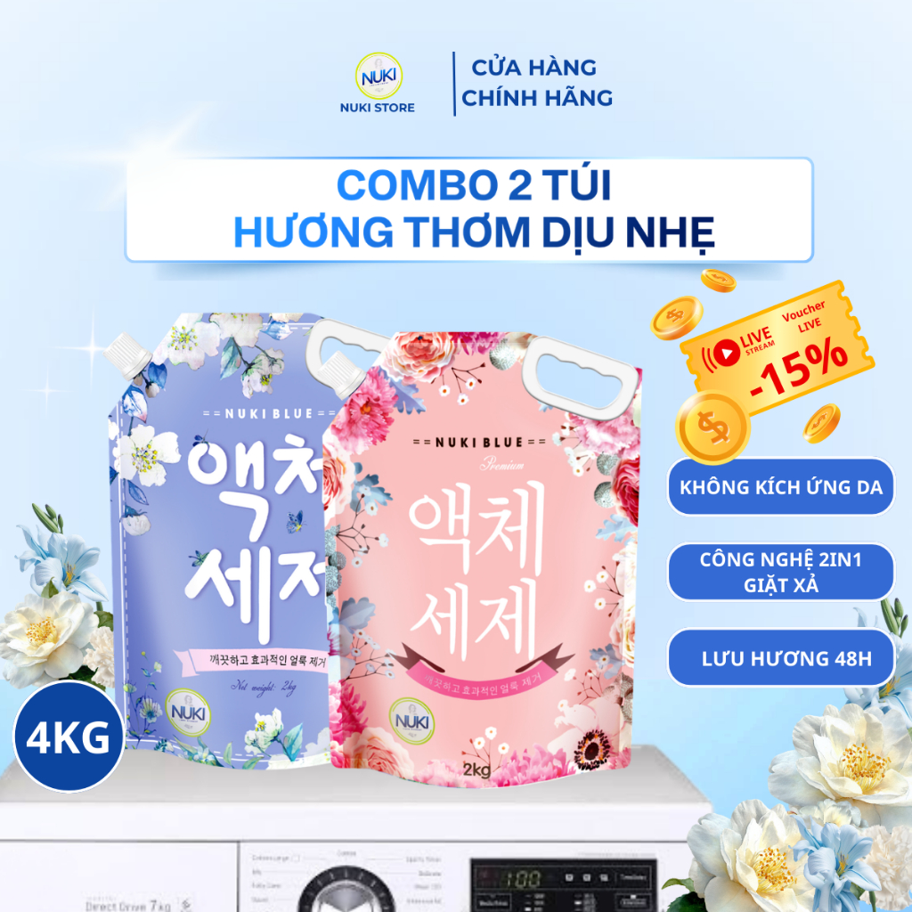 Combo 2 Túi Nước Giặt Nuki Blue Công Nghệ Hàn Quốc 2kg Hương Thơm Dịu Nhẹ, Mềm Vải