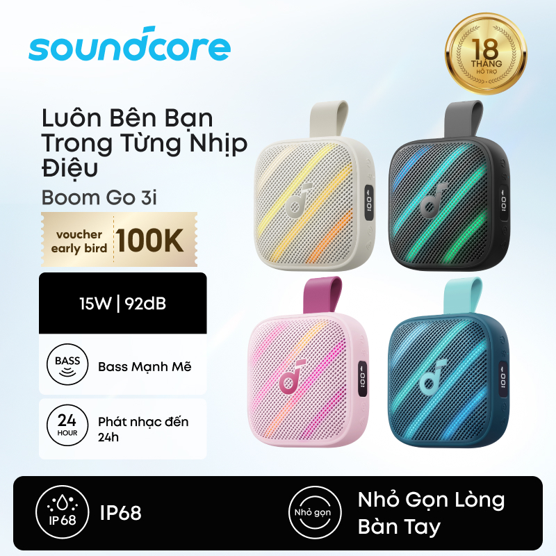 Loa bluetooth soundcore Boom Go 3i – Bass mạnh 15W, pin lâu 40H, chống nước và bụi IP68 | BigBuy360 - bigbuy360.vn