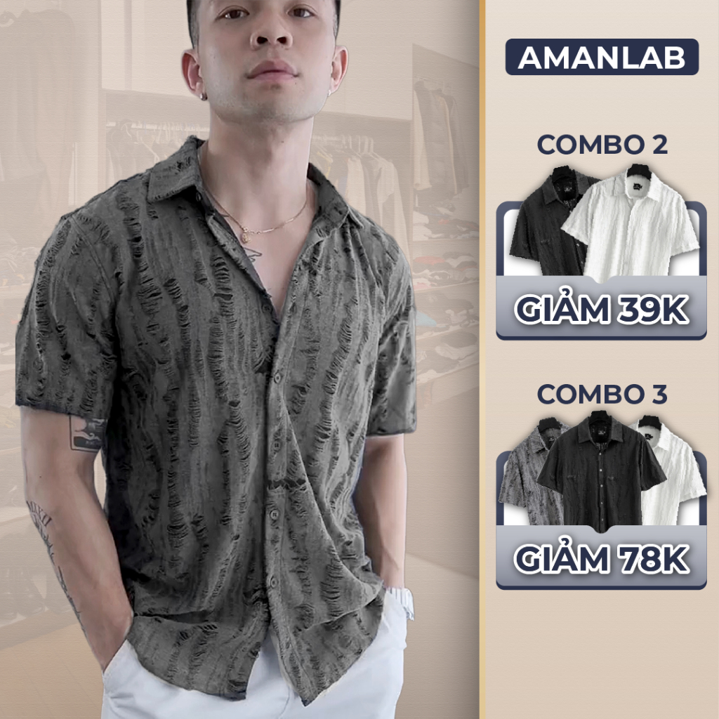 Áo sơ mi nam ngắn tay, chất vải cotton mềm mại, wax rách tưa chỉ TASSELS AMANLAB
