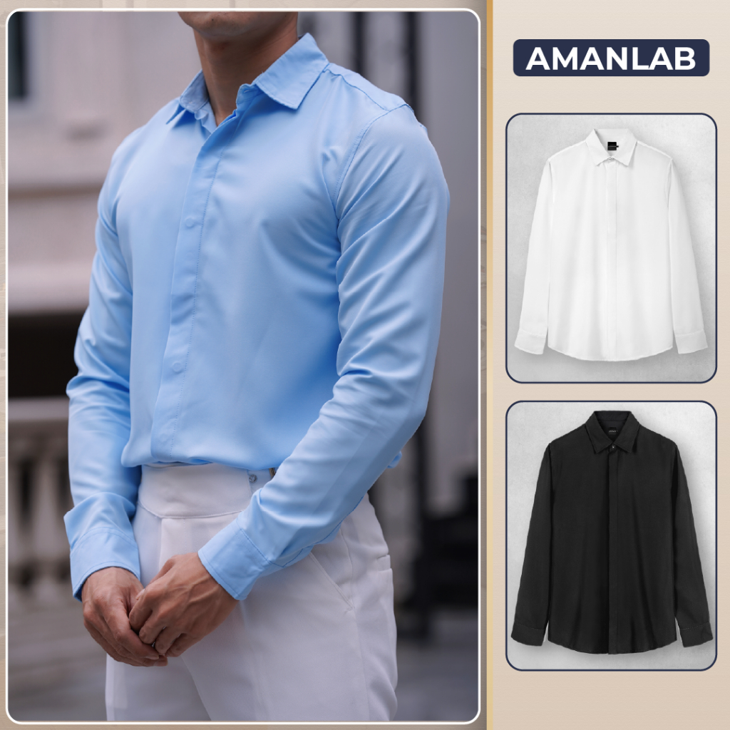 Áo sơ mi nam dài tay, đen và trắng, chất lụa thoáng mát, không nhăn, form regular Basic AMANLAB
