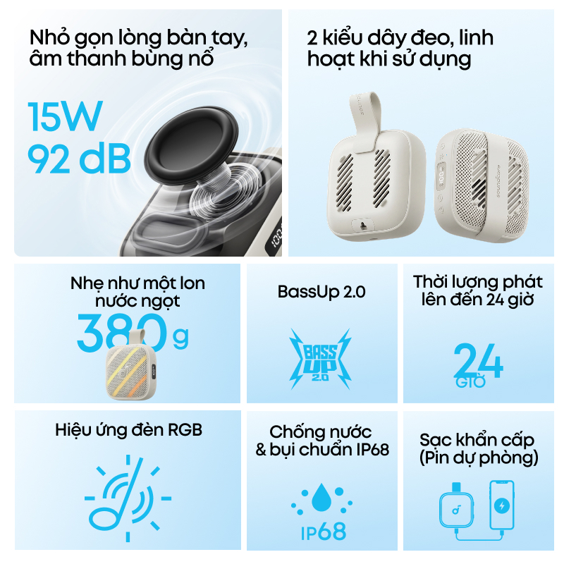 Loa bluetooth soundcore Boom Go 3i – Bass mạnh 15W, pin lâu 40H, chống nước và bụi IP68 | BigBuy360 - bigbuy360.vn