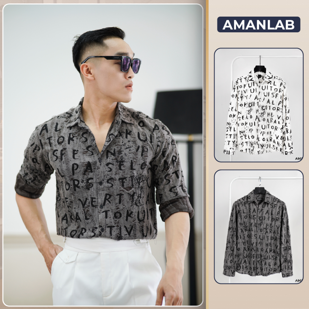 Áo sơ mi nam dài tay vải cotton co giãn wash rách, họa tiết chử Long Alphabet AMANLAB