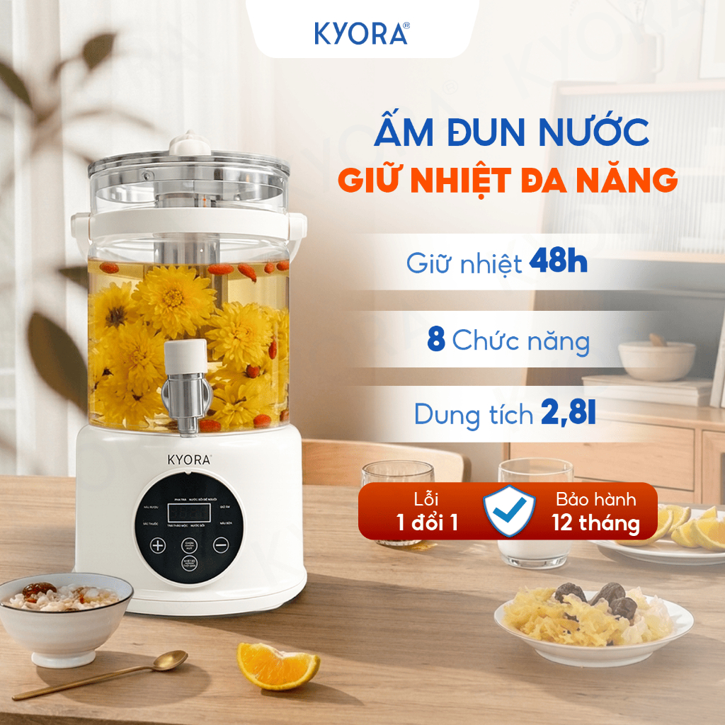 Ấm Đun Nước Giữ Nhiệt Đa Năng 8in1 Kyora - 2.8L Thủy Tinh Borosilicate - 8 Chức Năng - Giữ Ấm 48 Giờ