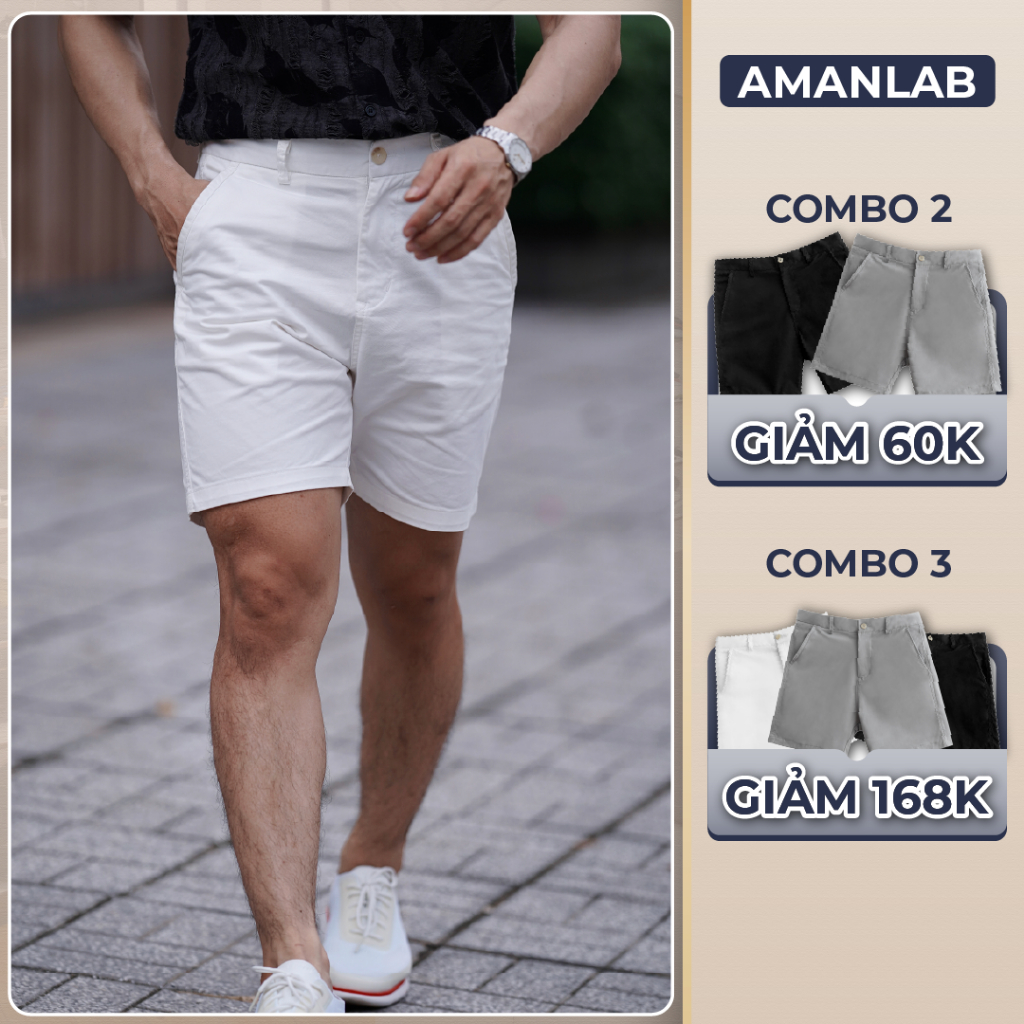 Quần short nam chất vải kaki basic , co giãn thoải mái Trắng, Xám, Đen AMANLAB
