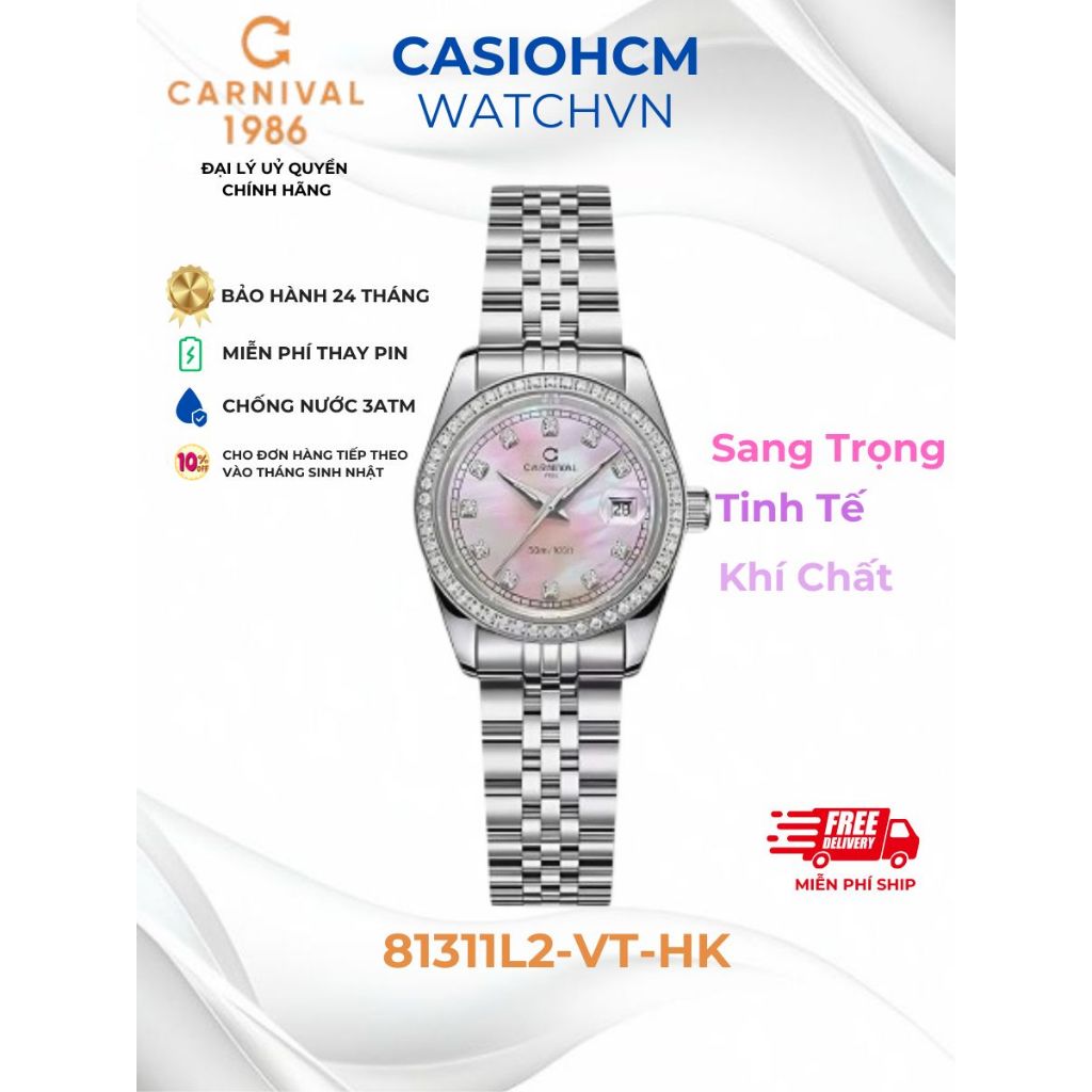 Đồng Hồ Nữ Carnival 8131L2-VT-HK Chính Hãng – Dây Thép Không Gỉ, Mặt Khảm Xà Cừ Đính Đá Sang Trọng