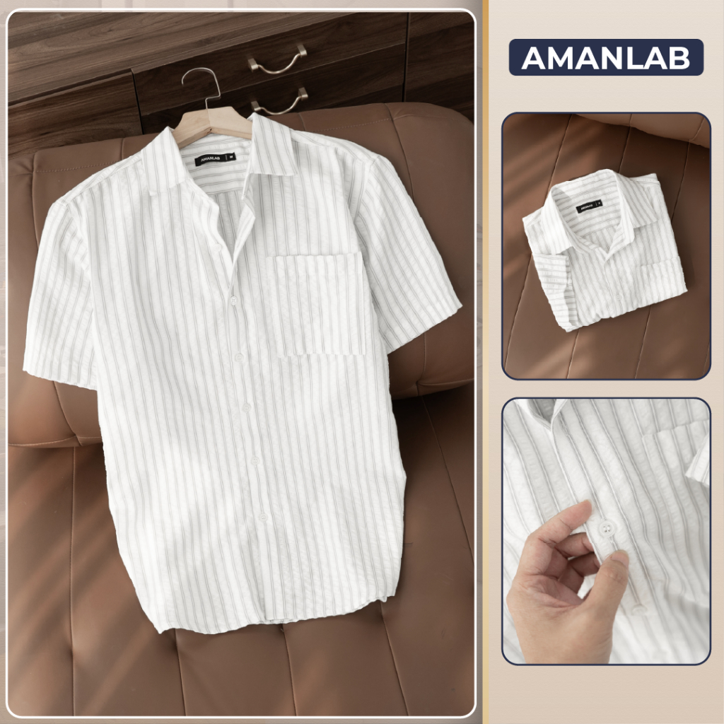 Áo sơ mi nam ngắn tay, kiểu sọc dọc, vải Cotton mềm, mát, chống nhăn, form regular JANUS AMANLAB
