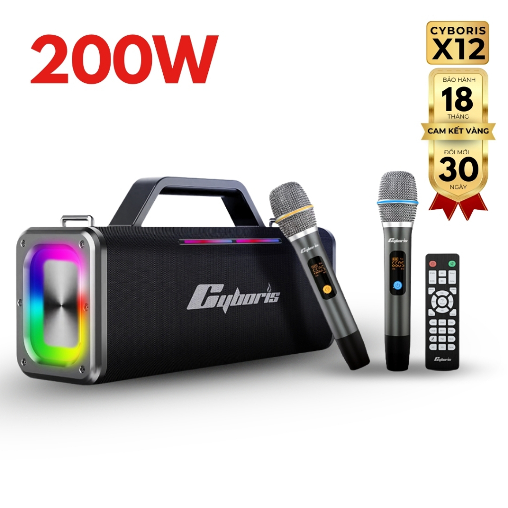 Loa Karaoke Cyboris X12, Công suất 200W, Loa Bass trầm, Pin 18000mAh, Chính Hãng Bảo Hành 18 Tháng