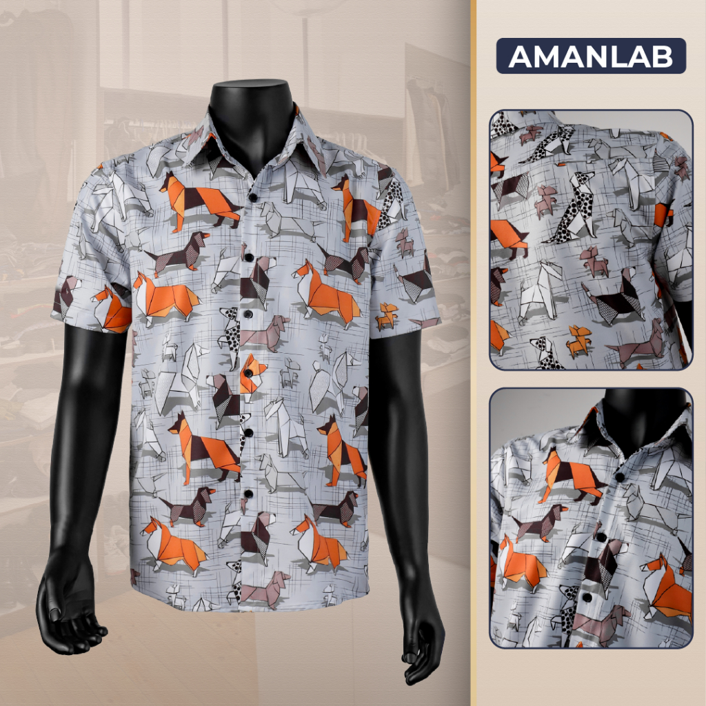 Áo sơ mi nam ngắn tay vải lụa thoáng mát, không nhăn , form regular, họa tiết OrigamiDog AMANLAB