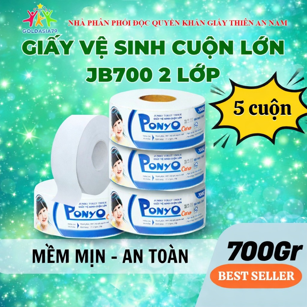 Combo 5 Cuộn Giấy Vệ Sinh Ponyo JB700 700g – Giấy Cuộn Lớn 2 Lớp Mềm Mịn, Thấm Hút Tốt – PONYO7019