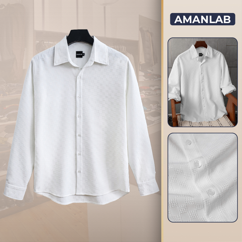 Áo sơ mi nam dài tay chất vải cotton dệt hoa, họa tiết ô vuông LONGFATIC AMANLAB