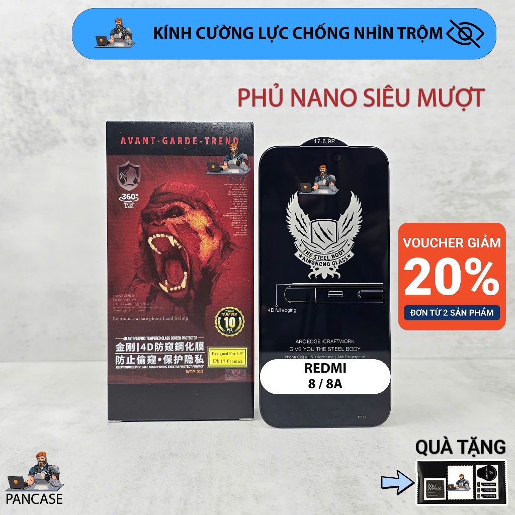 Cường lực Redmi 8, 8A chống nhìn trộm PANCASE full màn | Miếng kính dán bảo vệ màn hình cho Xiaomi r