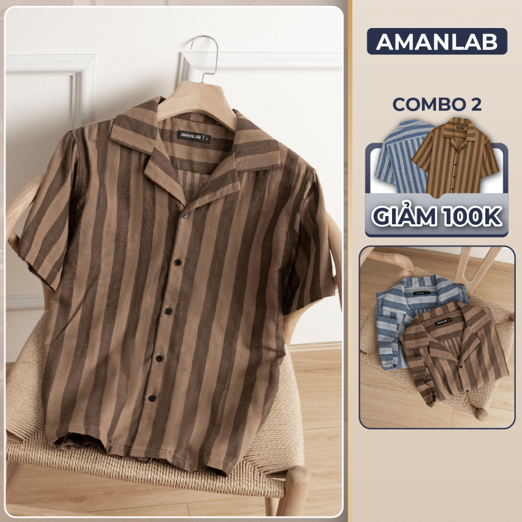 Áo sơ mi ngắn tay, kiểu sọc dọc, vải Linen 2 lớp chống nhăn, form regular OREN AMANLAB