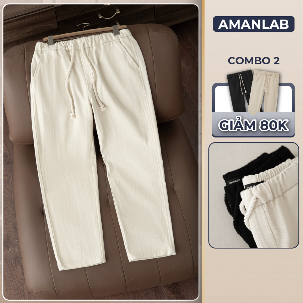Quần Kaki Dài Ống Rộng Basic Form Unisex Phối Dây Thừng Chất Vải Dày Dặn PALE PANTS AMANLAB